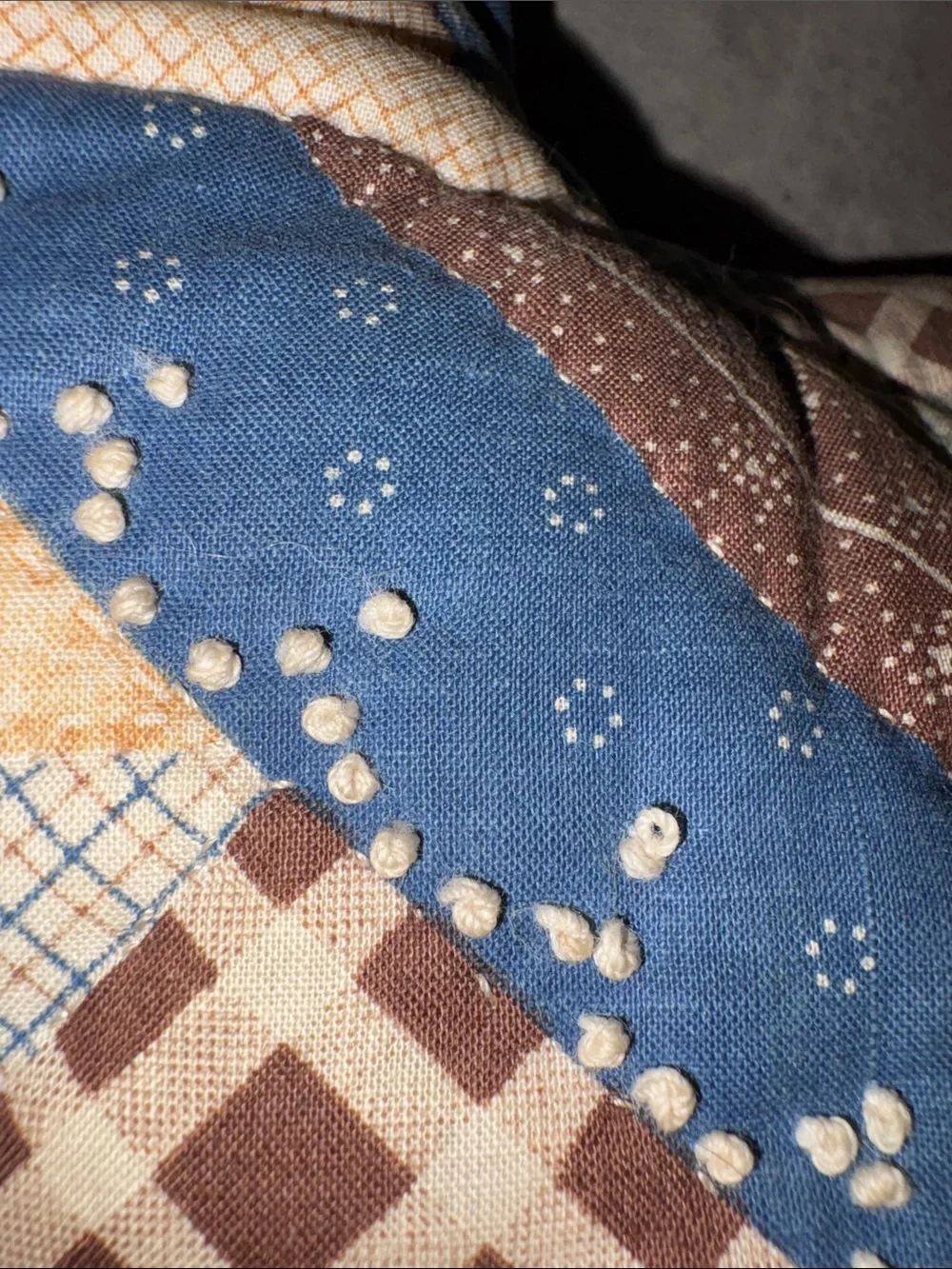 Vintage 90s Patchwork Quilted Chicken  Accent Pillow in Blue and Brown Handmade